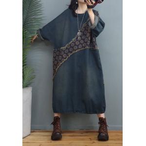 Long Sleeves Fringed Denim Dress Printed Plus Size Jean Dress