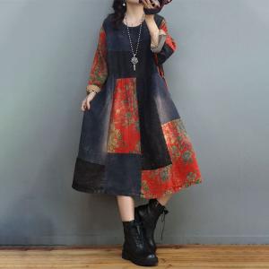 Multi-Colored Printed Folk Dress Plus Size Denim Midi Dress
