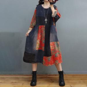 Multi-Colored Printed Folk Dress Plus Size Denim Midi Dress