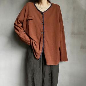 Single-Breasted Plus Size Cardigan Plain Cotton Jacket