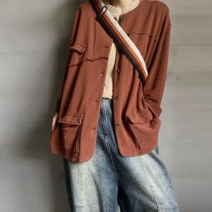 Flap Pockets Large Size Short Coat Cotton Casual Cardigan