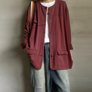 Flap Pockets Large Size Short Coat Cotton Casual Cardigan
