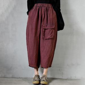 Single Flap Pocket Linen Pants Womens Cropped Pants