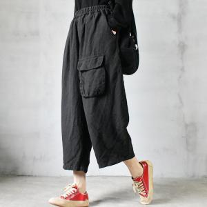 Single Flap Pocket Linen Pants Womens Cropped Pants