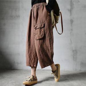 Single Flap Pocket Linen Pants Womens Cropped Pants