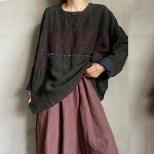 Embroidered Lines Linen T-shirt Long Sleeves Slouchy Pullover