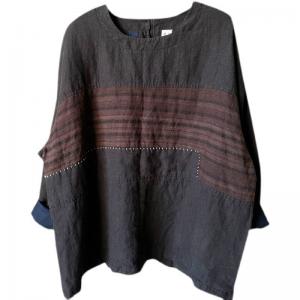 Embroidered Lines Linen T-shirt Long Sleeves Slouchy Pullover