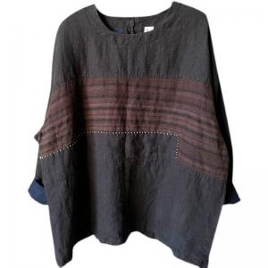 Embroidered Lines Linen T-shirt Long Sleeves Slouchy Pullover