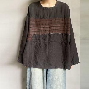 Embroidered Lines Linen T-shirt Long Sleeves Slouchy Pullover