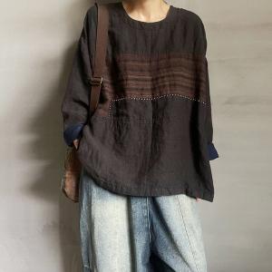 Embroidered Lines Linen T-shirt Long Sleeves Slouchy Pullover