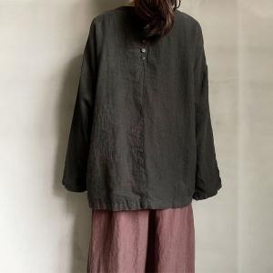 Embroidered Lines Linen T-shirt Long Sleeves Slouchy Pullover