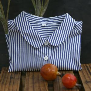 Vertical Striped Blue Shirt Long Sleeves Cotton Shirt for Women