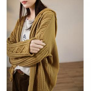 Large Size Cotton Sweater Cardigan Cable Knit Hooded Cardigan