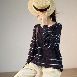 White Striped Oversized Sweater Cotton Navy Blue Jumper