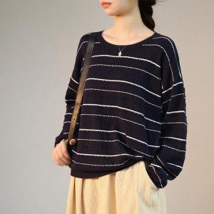 White Striped Oversized Sweater Cotton Navy Blue Jumper