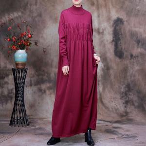 High-Neck Long Sleeve Knitwear Pleated Maxi Sweater Dress