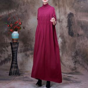 High-Neck Long Sleeve Knitwear Pleated Maxi Sweater Dress