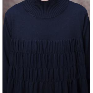 High-Neck Long Sleeve Knitwear Pleated Maxi Sweater Dress