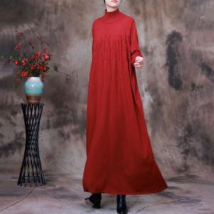 High-Neck Long Sleeve Knitwear Pleated Maxi Sweater Dress