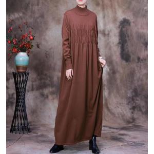 High-Neck Long Sleeve Knitwear Pleated Maxi Sweater Dress