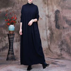 High-Neck Long Sleeve Knitwear Pleated Maxi Sweater Dress