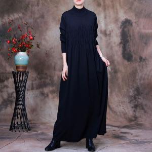 High-Neck Long Sleeve Knitwear Pleated Maxi Sweater Dress