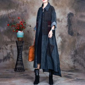 Polo Neck Plaid Patchwork Denim Coat Plus Size Cotton Coat