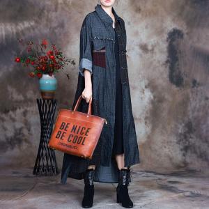 Polo Neck Plaid Patchwork Denim Coat Plus Size Cotton Coat