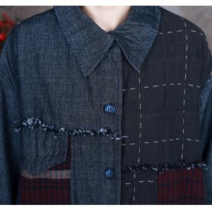 Polo Neck Plaid Patchwork Denim Coat Plus Size Cotton Coat