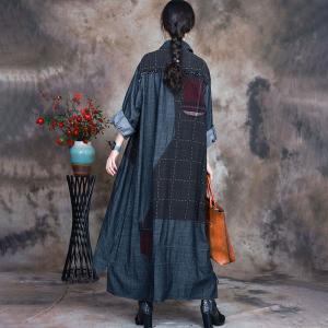 Polo Neck Plaid Patchwork Denim Coat Plus Size Cotton Coat