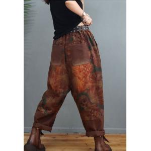 Black Patchwork Cotton Linen Pants Baggy-Fit Printed Folk Pants