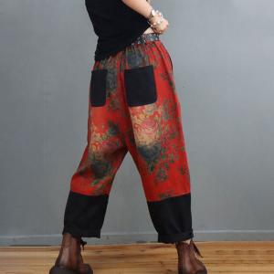 Black Patchwork Cotton Linen Pants Baggy-Fit Printed Folk Pants