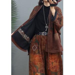 Folk Printed Cotton Linen Belted Coat Plus Size Short Coat for Women