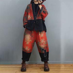 Folk Printed Cotton Linen Belted Coat Plus Size Short Coat for Women