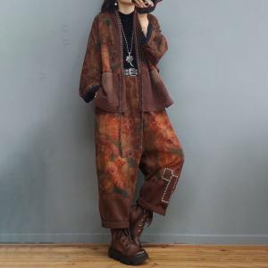 Folk Printed Cotton Linen Belted Coat Plus Size Short Coat for Women