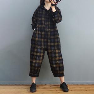 Back Flap Pockets Black Jumpsuits Checkered Hooded Coveralls