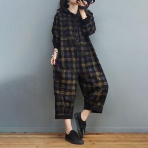Back Flap Pockets Black Jumpsuits Checkered Hooded Coveralls
