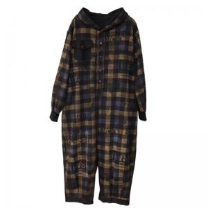 Back Flap Pockets Black Jumpsuits Checkered Hooded Coveralls