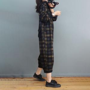 Back Flap Pockets Black Jumpsuits Checkered Hooded Coveralls