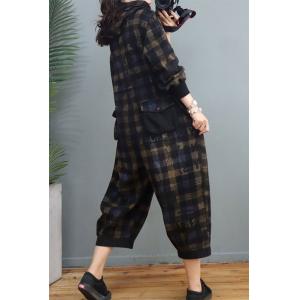 Back Flap Pockets Black Jumpsuits Checkered Hooded Coveralls