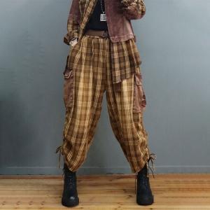 Denim Patchwork Gingham Shirt with Loose Carrot Pant Sets