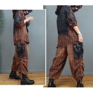 Denim Patchwork Gingham Shirt with Loose Carrot Pant Sets