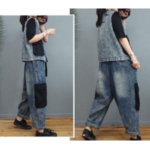 Colorful Pockets Denim Vest with Baggy Dad Jeans Sets