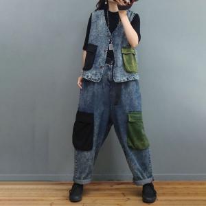 Colorful Pockets Denim Vest with Baggy Dad Jeans Sets