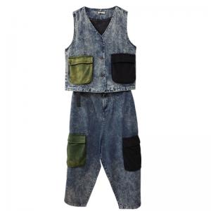 Colorful Pockets Denim Vest with Baggy Dad Jeans Sets