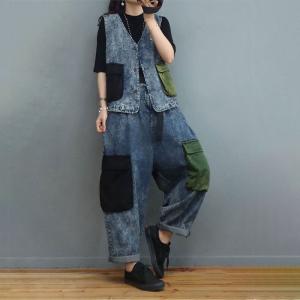 Colorful Pockets Denim Vest with Baggy Dad Jeans Sets