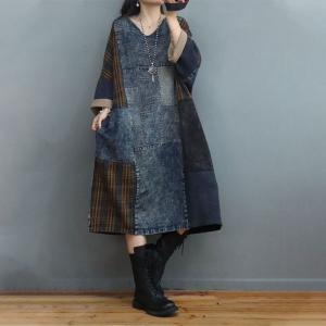 Plaid Patchwork Plus Size Jean Dress V-Neck Gingham Dress
