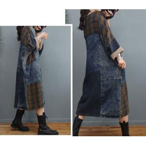 Plaid Patchwork Plus Size Jean Dress V-Neck Gingham Dress