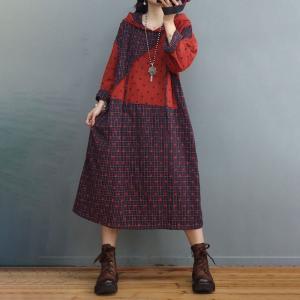 Relax-Fit Cotton Linen Hooded Dress Dotted and Plaid Dress