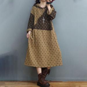 Relax-Fit Cotton Linen Hooded Dress Dotted and Plaid Dress